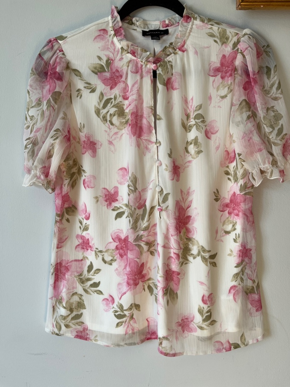 Vintage Y2K Floral Ruffle Sheer Blouse  Shabby Chic Pink/White Sz S